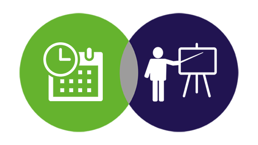 Taalcursus plannen Overlappende groene cirkel met klok en kalender en donkerblauwe cirkel met icoon lesgeven op transparante achtergrond - 600 * 337 pixels